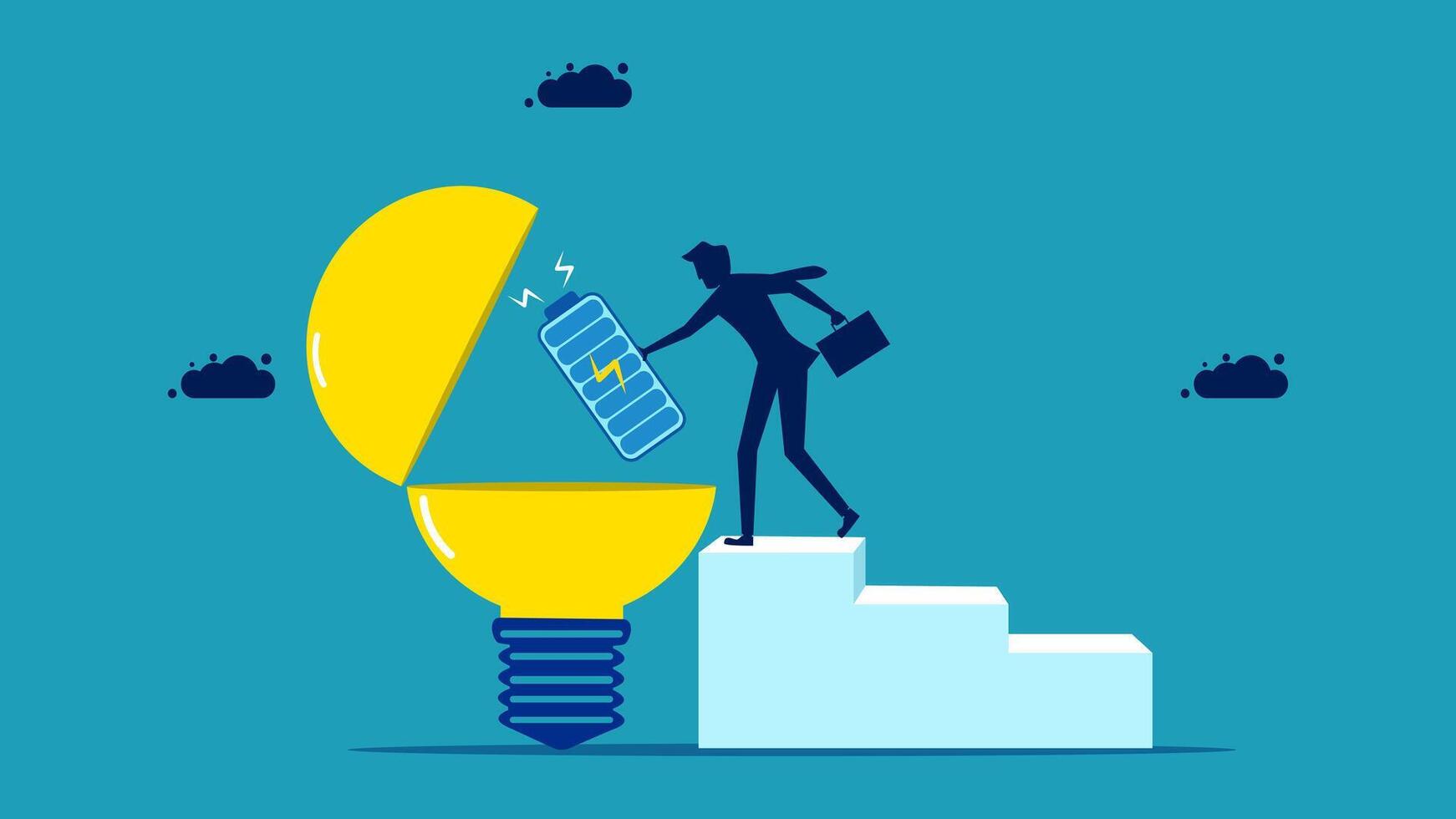 businessman with power and light bulb on steps vector