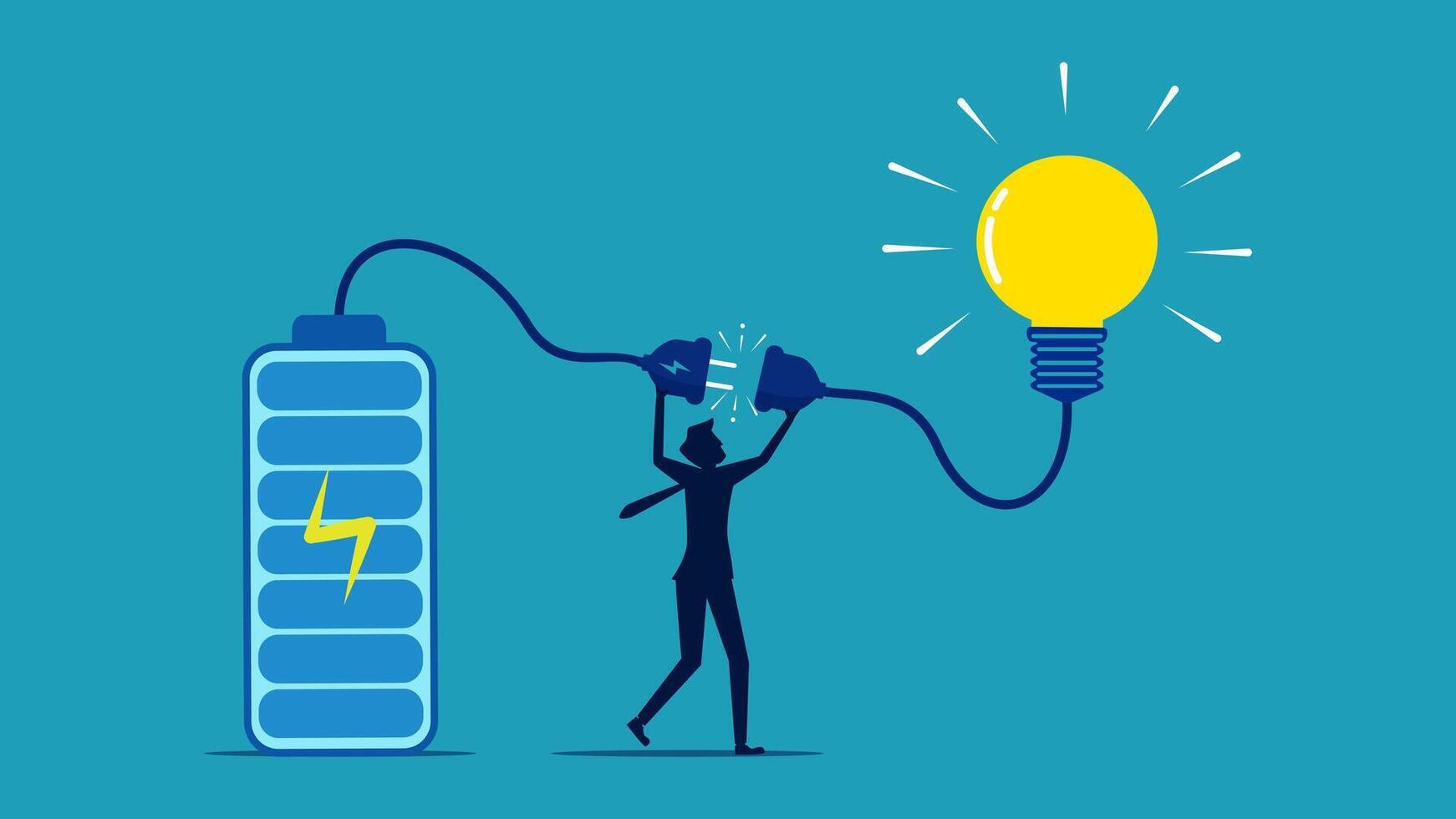 a man is holding an electric battery and an idea bulb vector