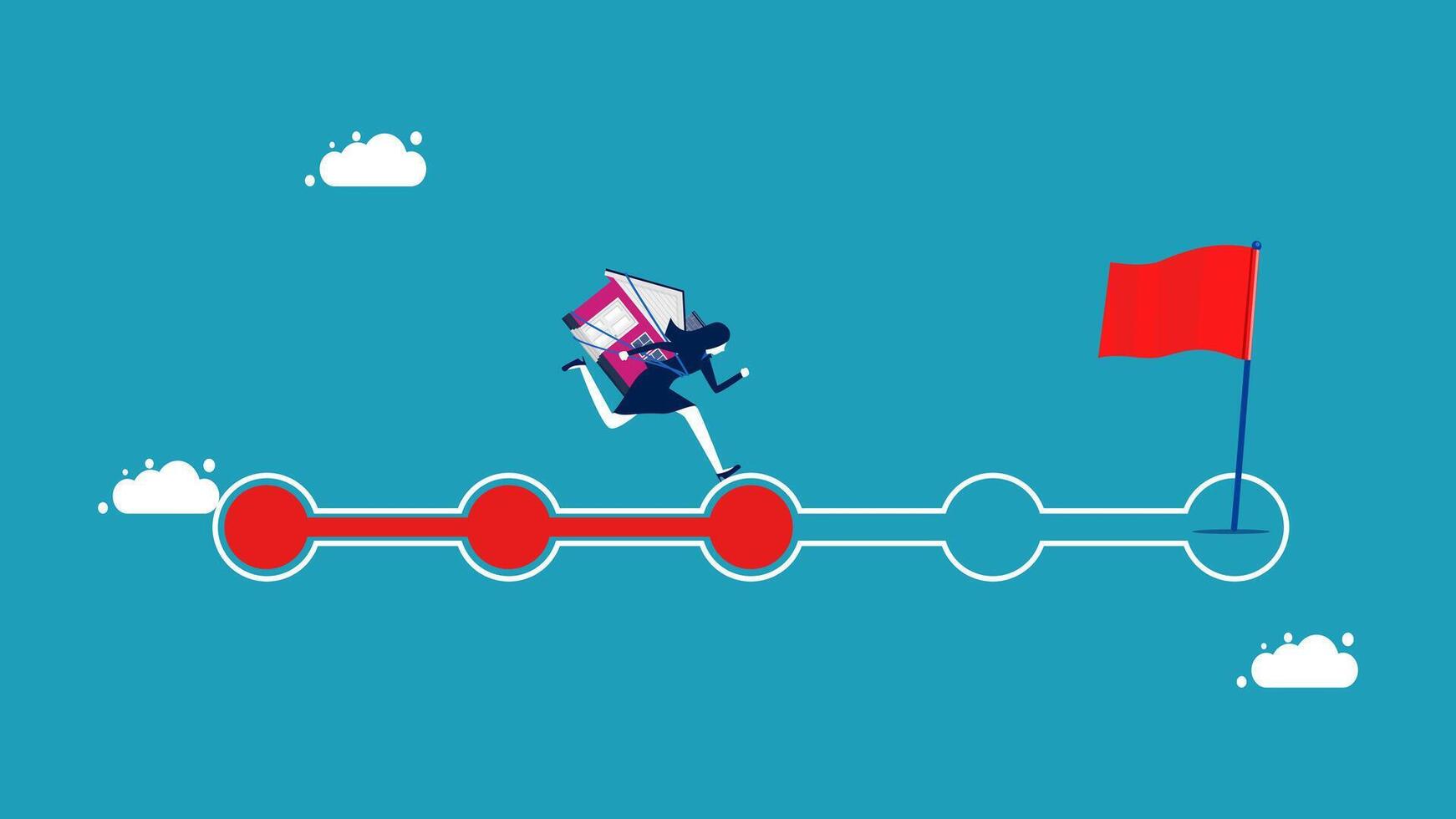 woman is running on a red arrow with a red flag, home progress vector