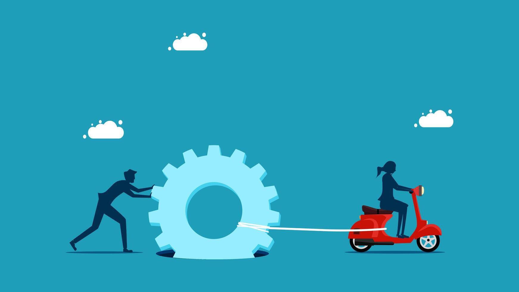 business people pulling a gear wheel with a man on a scooter vector