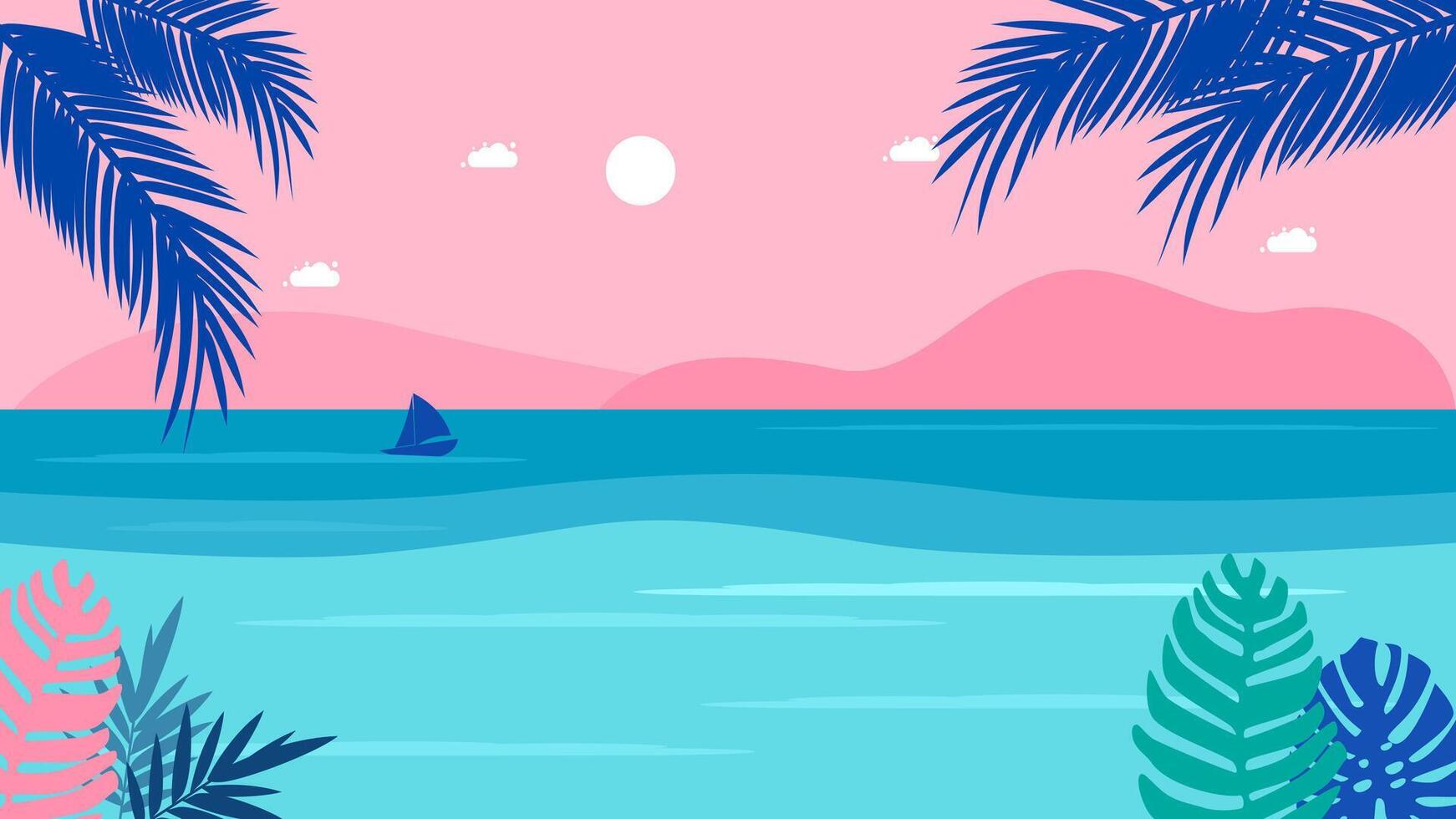 tropical landscape with palm trees and a sailboat vector