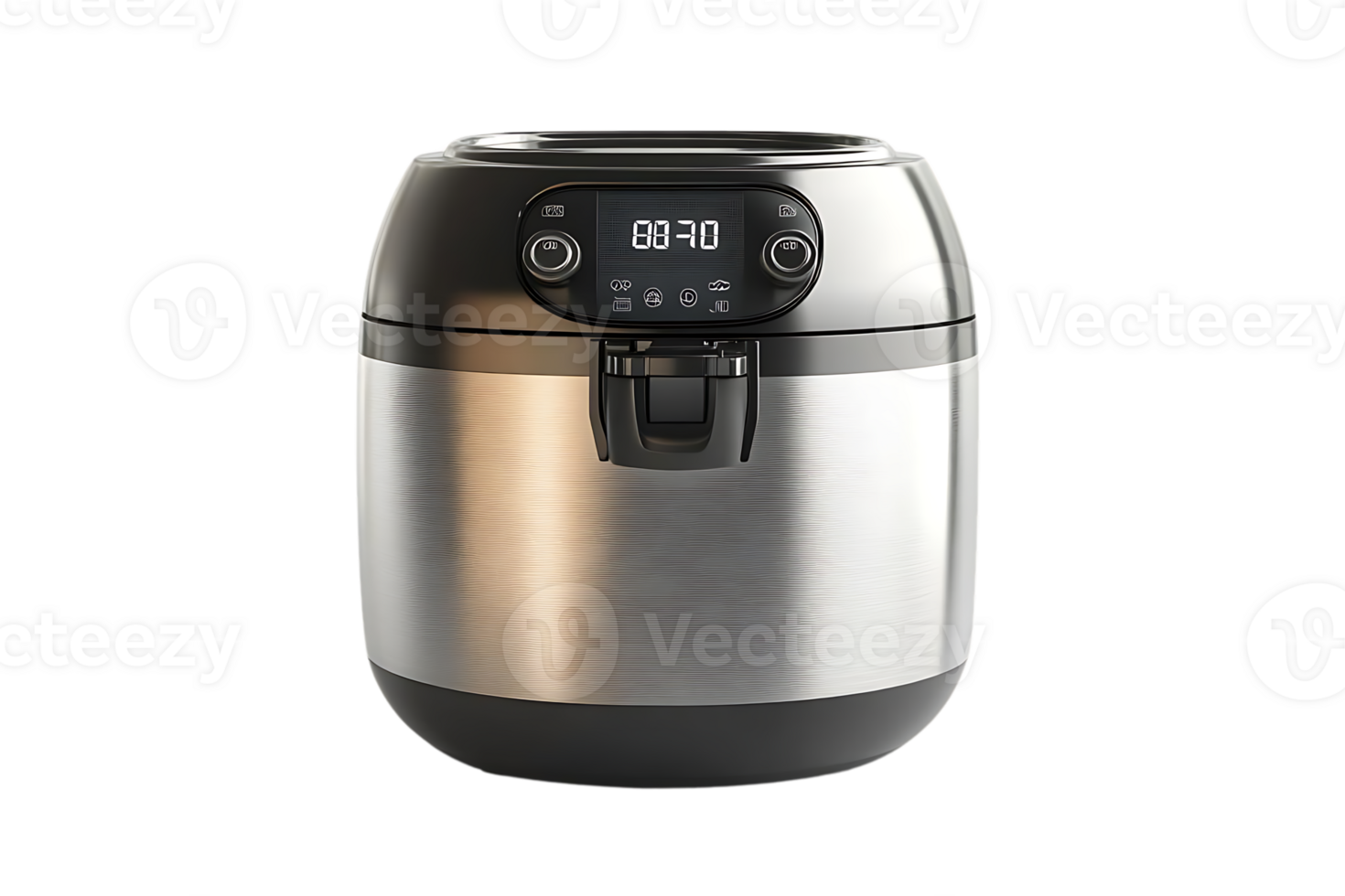Stainless Steel Air Fryer with Transparent Background, a Digital Display, and a Removable Basket for Easy Cleaning png