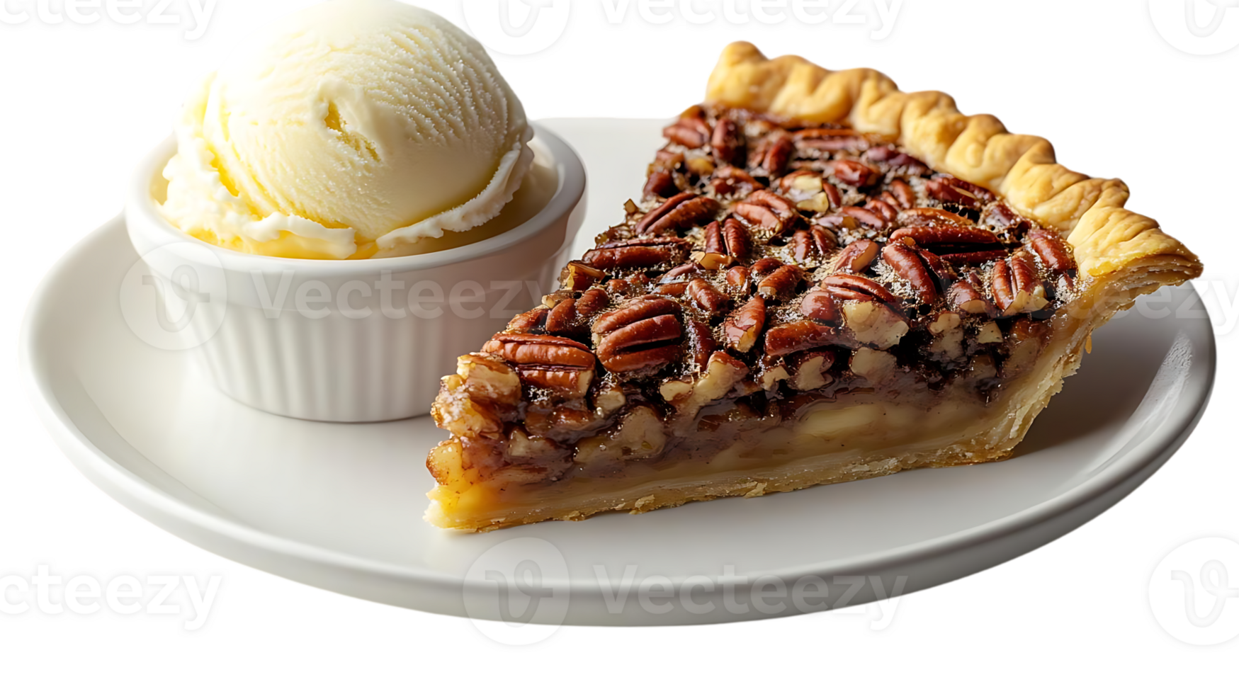Pecan Pie Slice with a Scoop of Vanilla Ice Cream on a White Plate, Transparent Background png