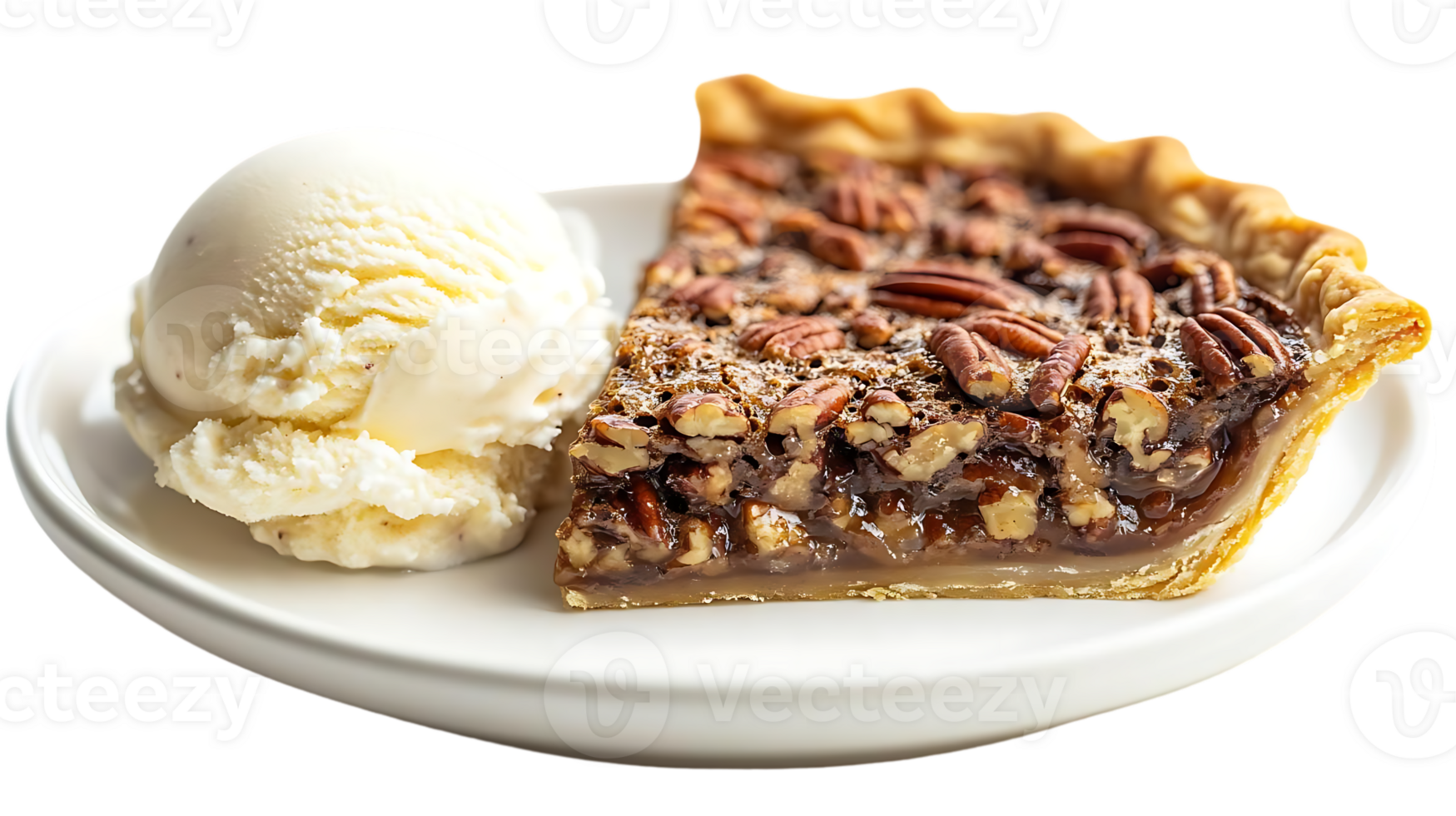 Pecan Pie Slice with Vanilla Ice Cream on White Plate with a Transparent Background png