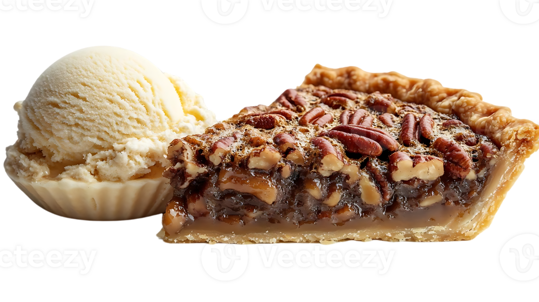 Pecan Pie Slice with Vanilla Ice Cream, A Delicious Treat with a Transparent Background png