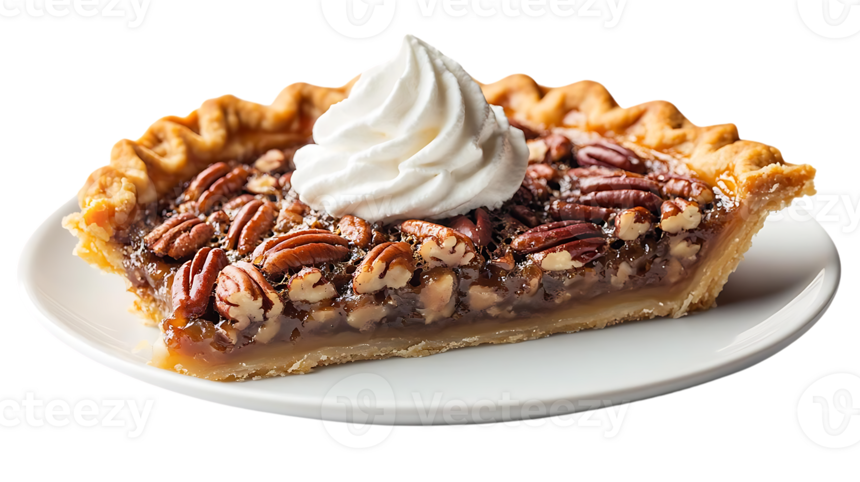 Delicious Pecan Pie Slice with Whipped Cream on a White Plate, Transparent Background png