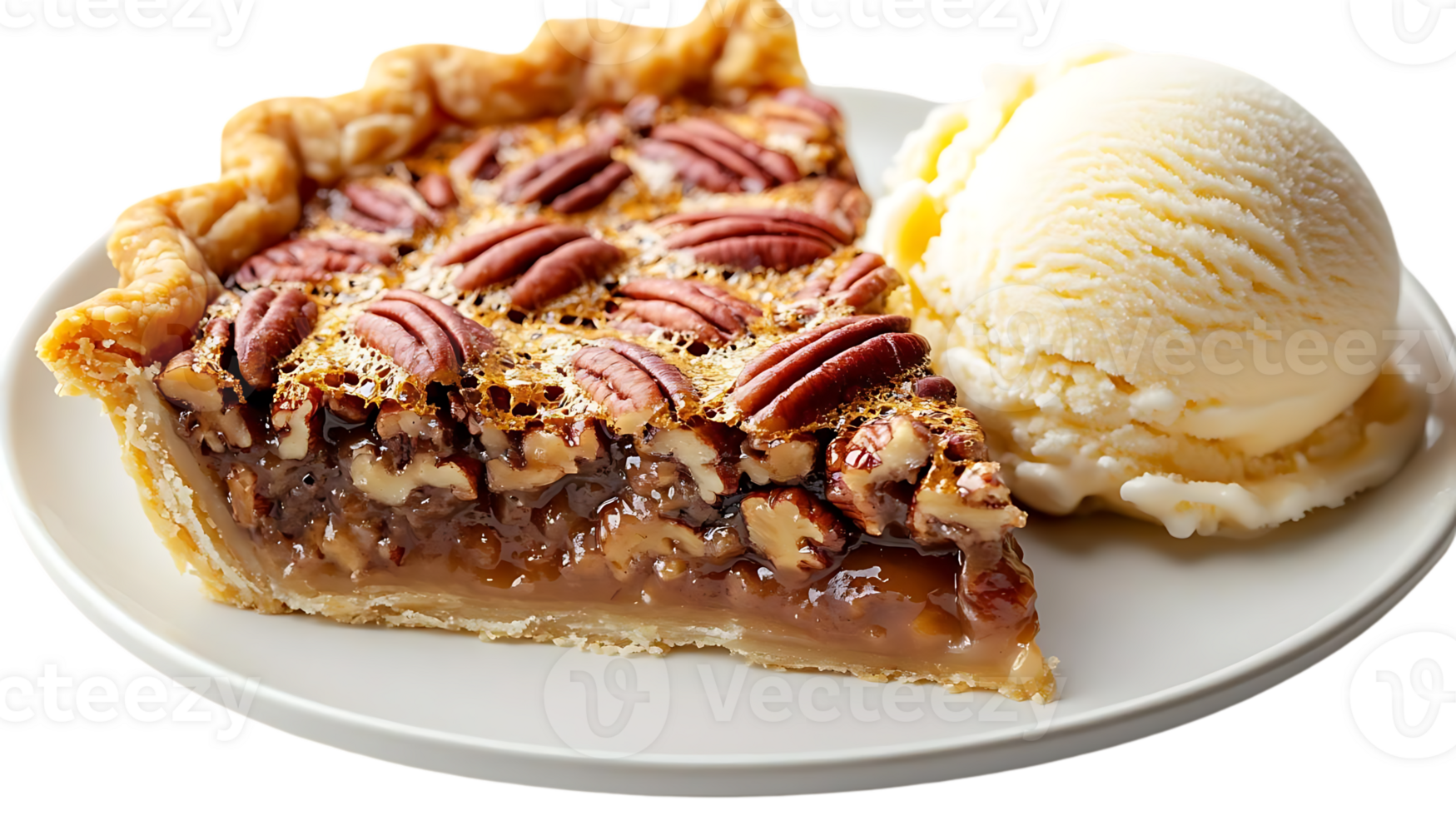 Pecan Pie Slice with Vanilla Ice Cream on a White Plate with a Transparent Background png