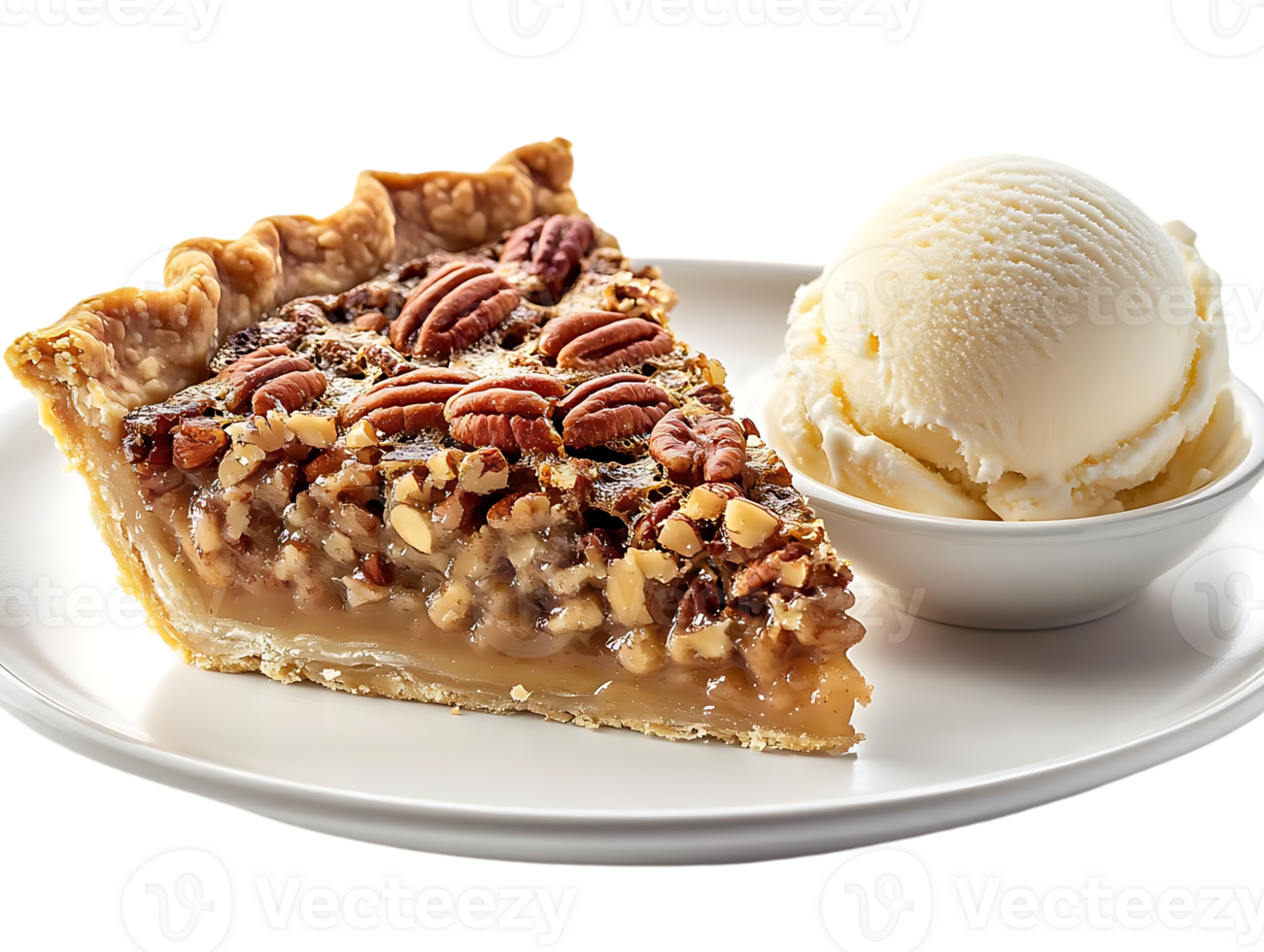 Pecan Pie Slice Served with a Scoop of Vanilla Ice Cream on a White Plate with Transparent Background png