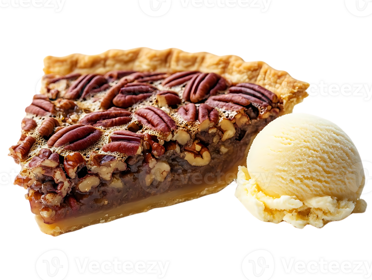 Pecan Pie Slice with Vanilla Ice Cream on a Transparent Background png