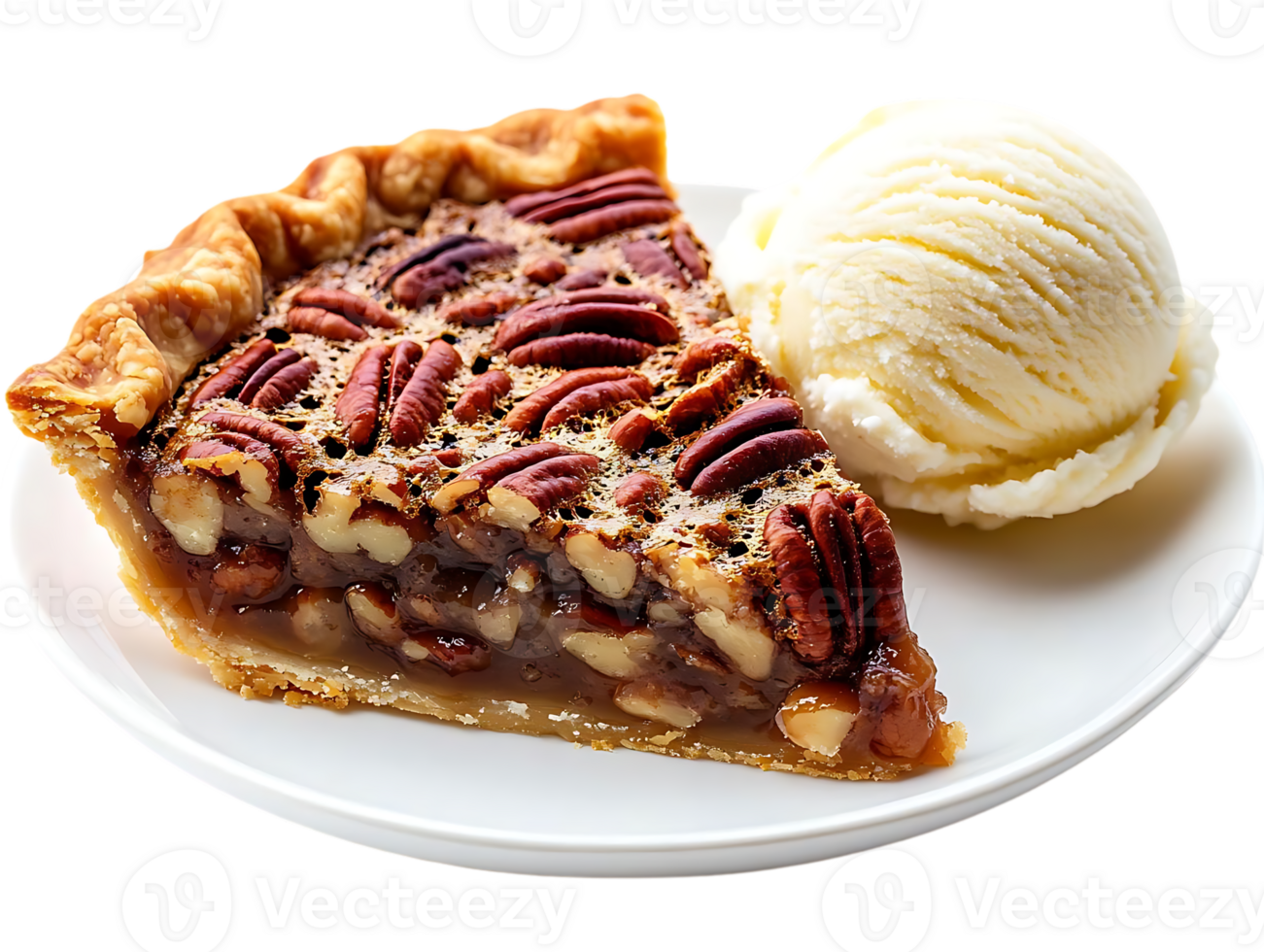 Pecan Pie Slice with Vanilla Ice Cream on a White Plate with a Transparent Background png