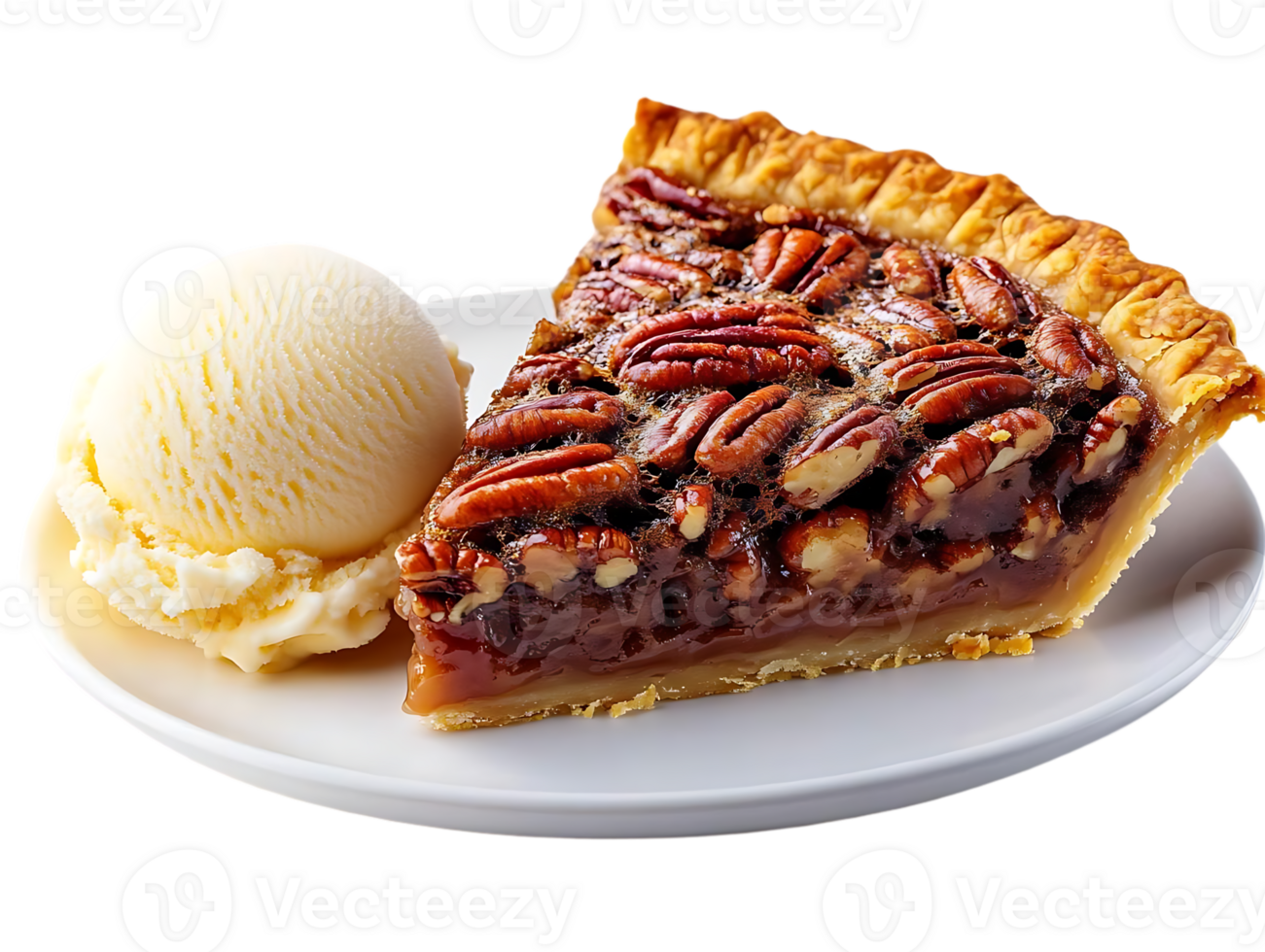 Pecan Pie Slice with Vanilla Ice Cream on a White Plate, Transparent Background png