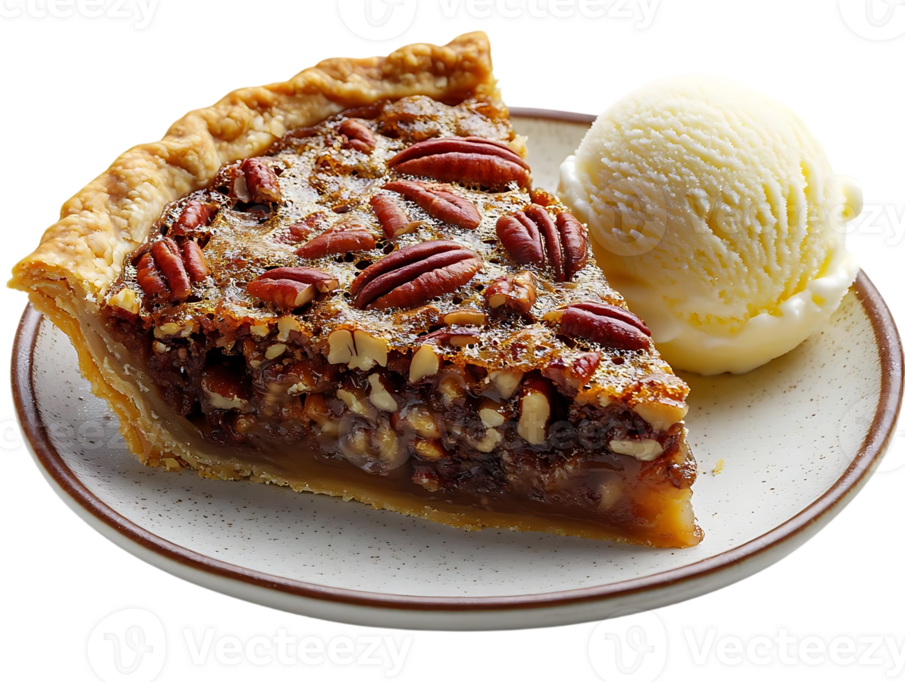 Delicious Pecan Pie Slice with Vanilla Ice Cream on a Plate with a Transparent Background png