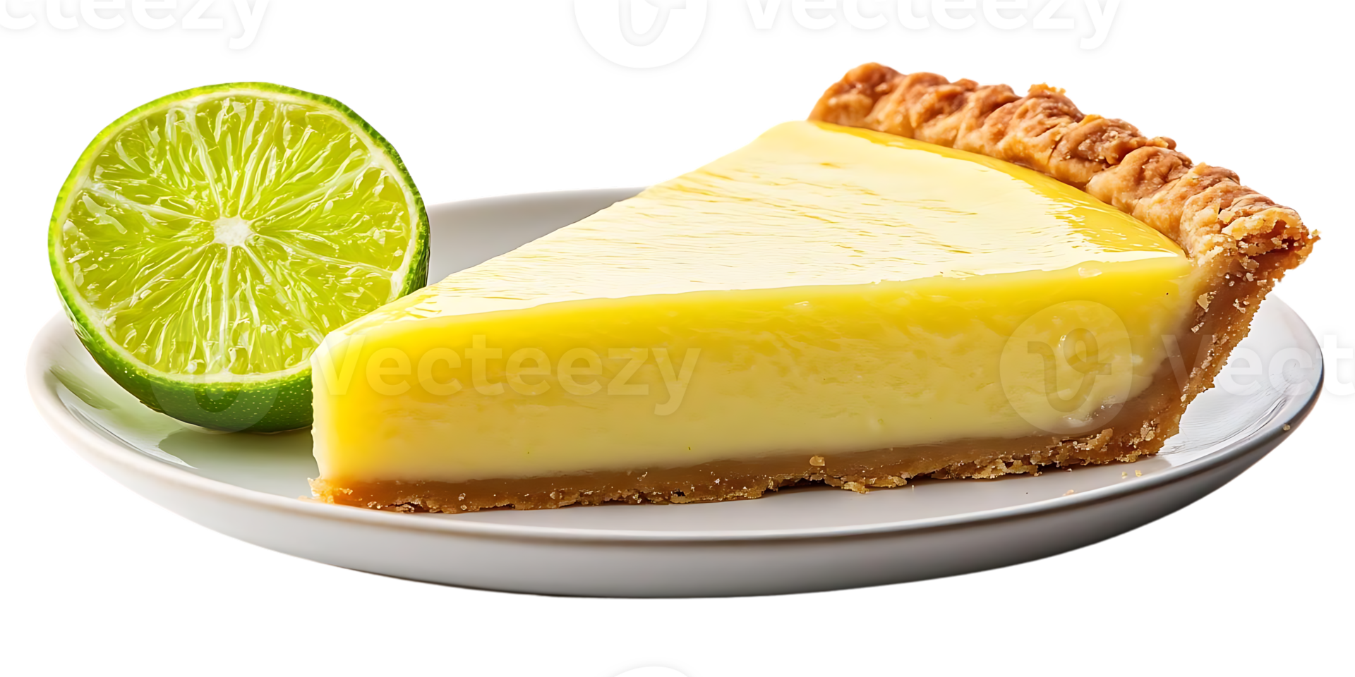 Delicious Lemon Pie Slice on a White Plate with a Lime Wedge, A Refreshing Dessert with a Transparent Background png