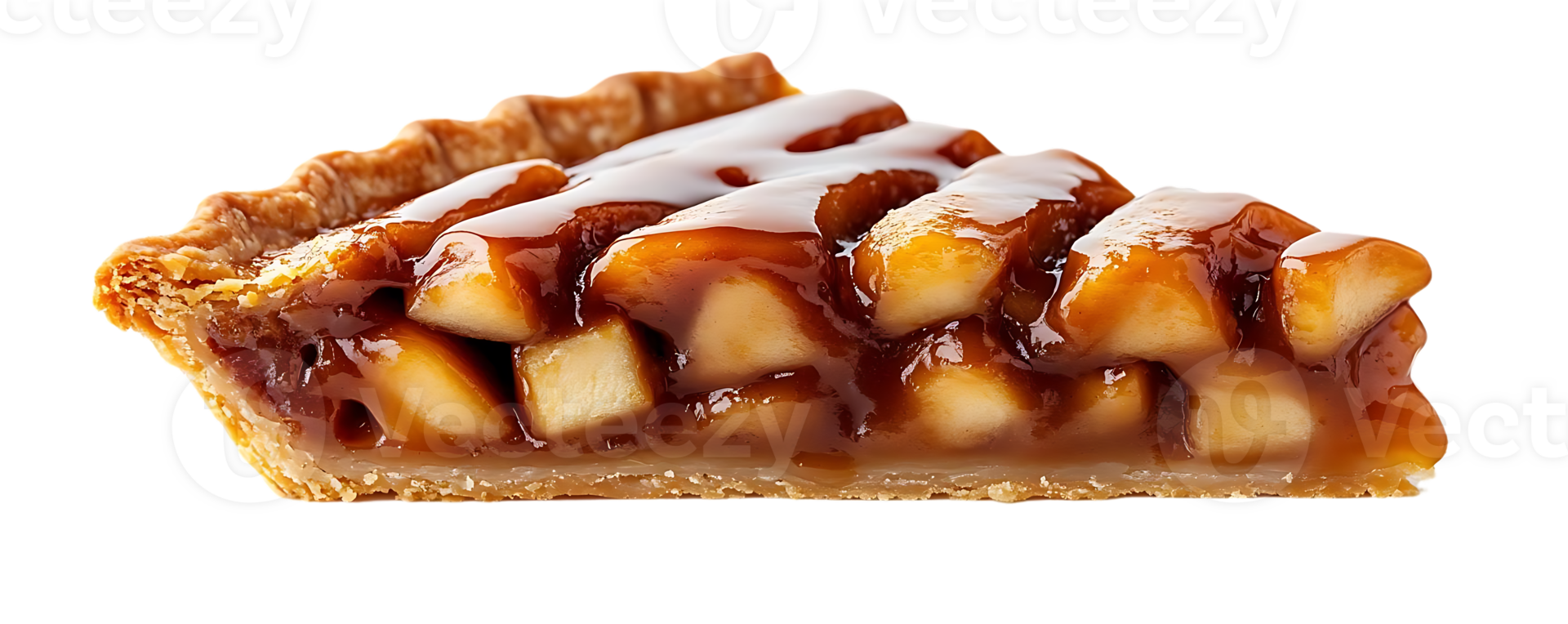 Delicious Apple Pie Slice with Caramel Drizzle on Transparent Background png