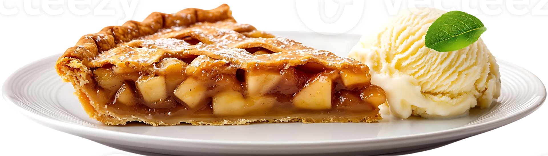 A Slice of Apple Pie with Vanilla Ice Cream on a White Plate, a Delicious Dessert with a Transparent Background png