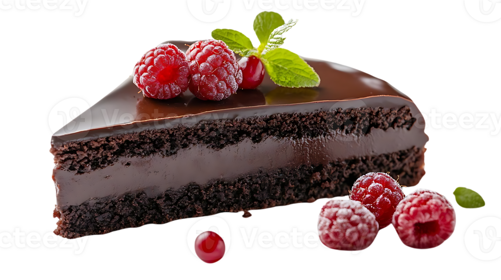 Delicious Chocolate Cake with Raspberry and Mint Topping, Perfect for a Sweet Treat png