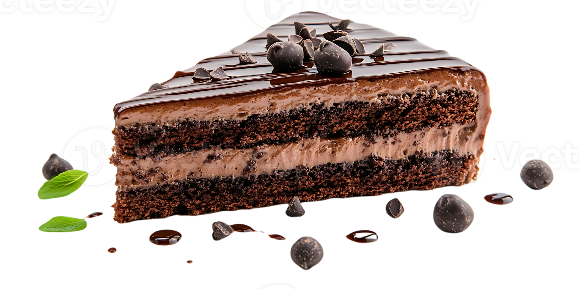 Chocolate Cake Slice with Drizzle and Chocolate Chips, Transparent Background png