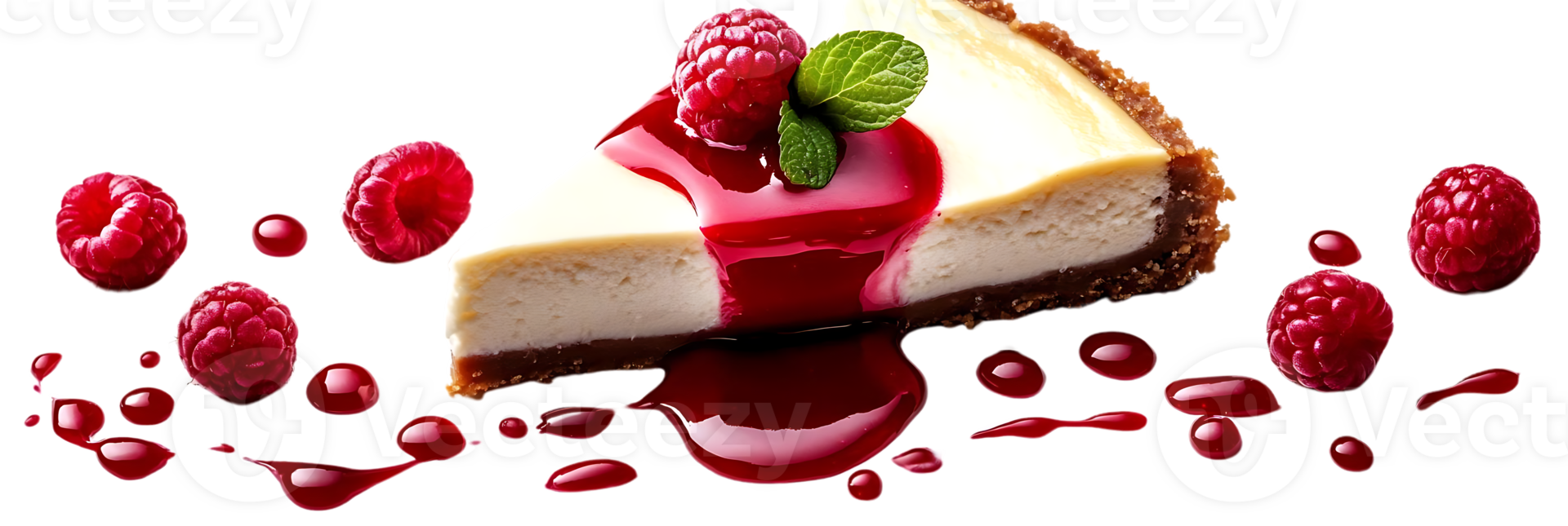 A Slice of Raspberry Cheesecake with Drizzled Sauce and Transparent Background png