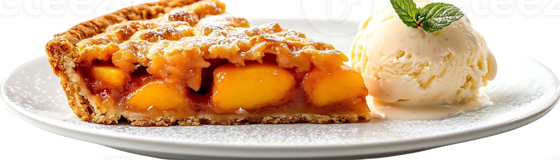 Delicious Peach Pie with a Scoop of Vanilla Ice Cream, Served on a Plate with Powdered Sugar, Transparent Background png