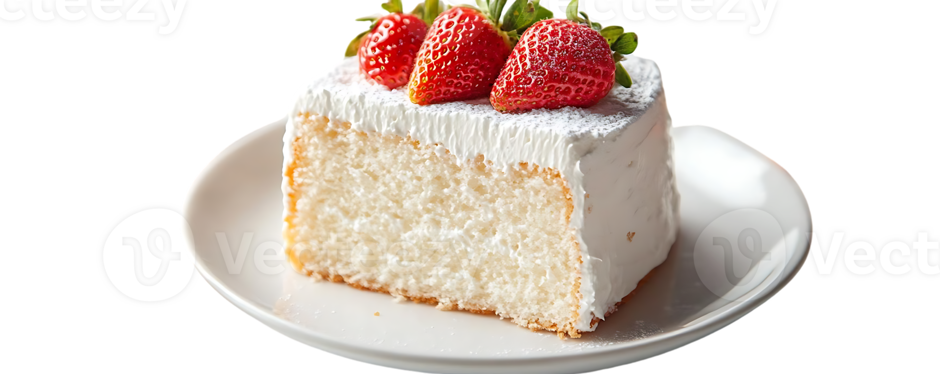 A Delectable Slice of White Cake with Fresh Strawberries and a Powdered Sugar Glaze, Perfect for a Sweet Treat on a Transparent Background png