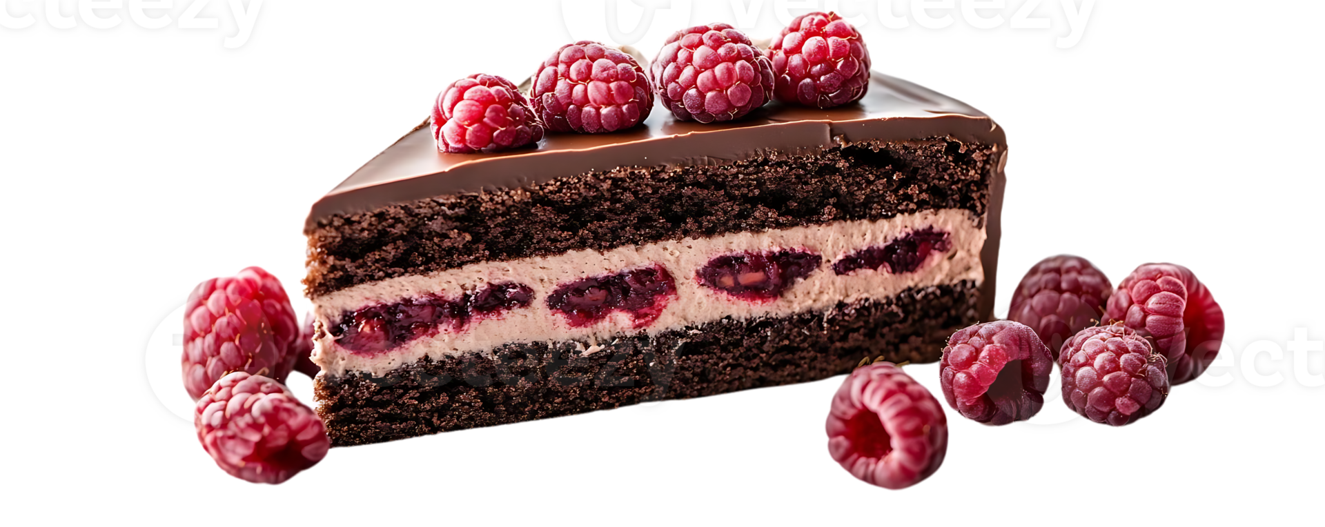 Chocolate Cake with Raspberry Filling, Topped with Fresh Raspberries on a Transparent Background png