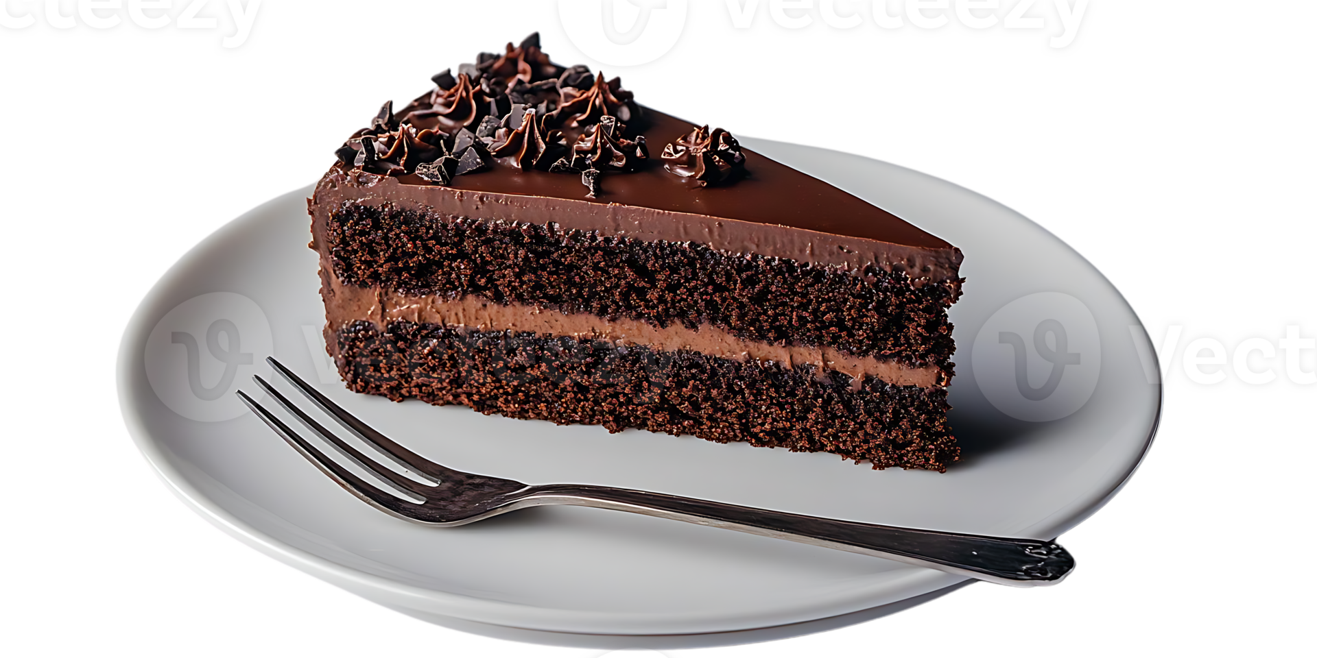 A Delicious Slice of Chocolate Cake on a White Plate with a Transparent Background png