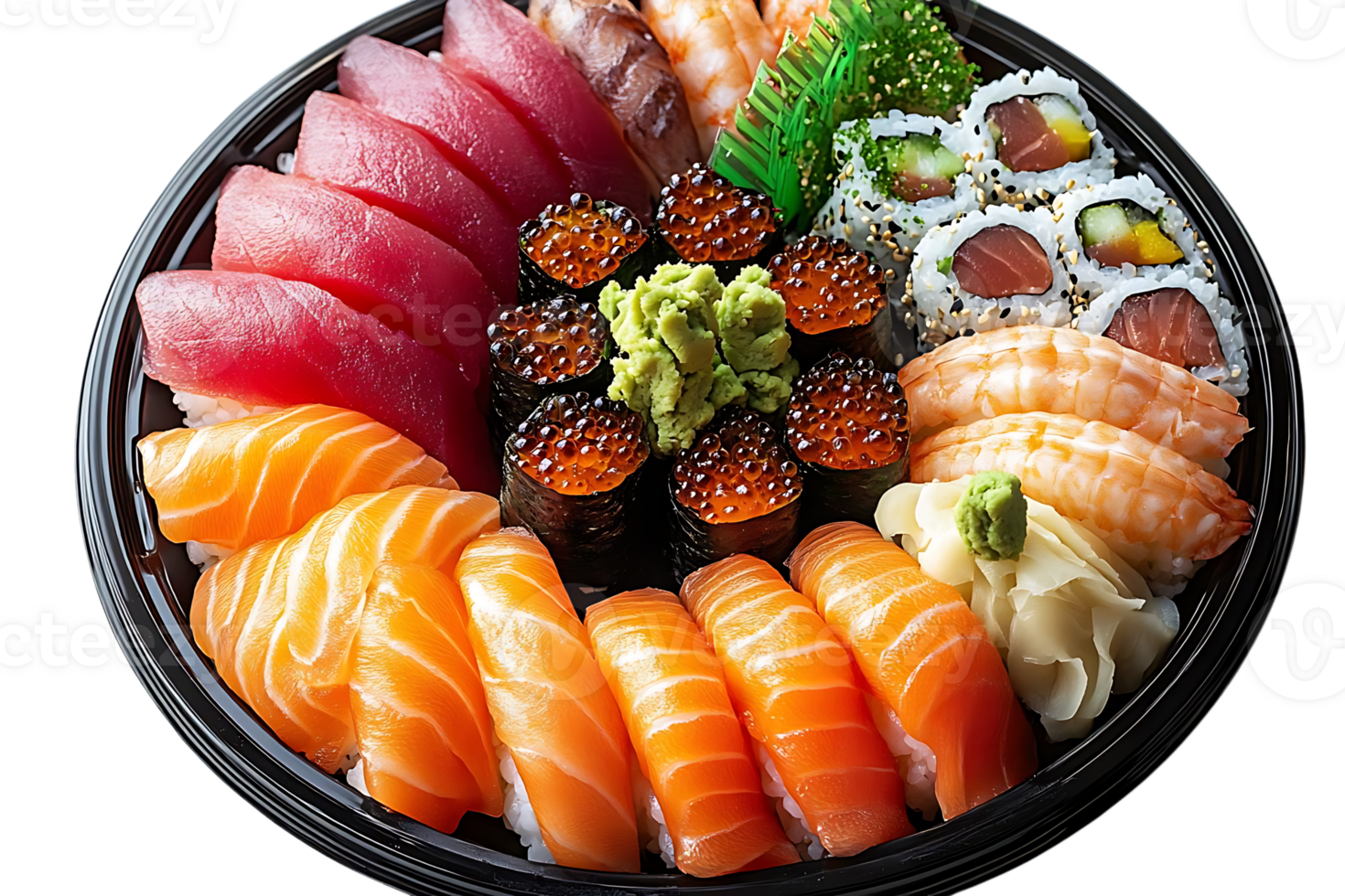Delectable Sushi Platter with Salmon, Tuna, Shrimp, and Uni, Served on a Black Tray with a Transparent Background png