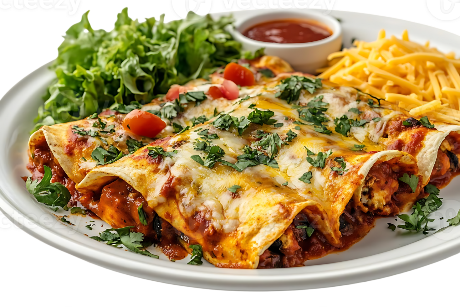 Delicious Cheesy Enchiladas with a Transparent Background, Served with Lettuce, Salsa, and Shredded Cheese png