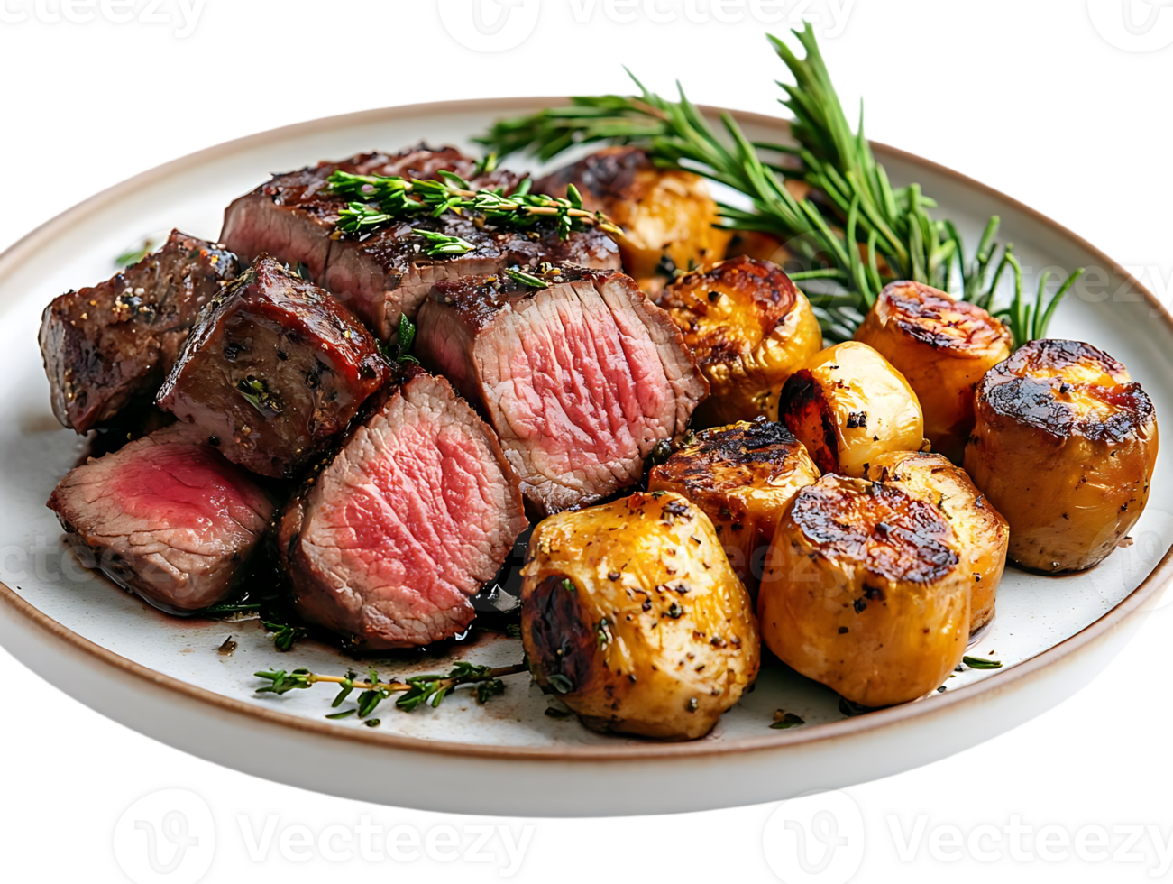Seared Steak with Crispy Potatoes, Rosemary, and Thyme on a Transparent Background png