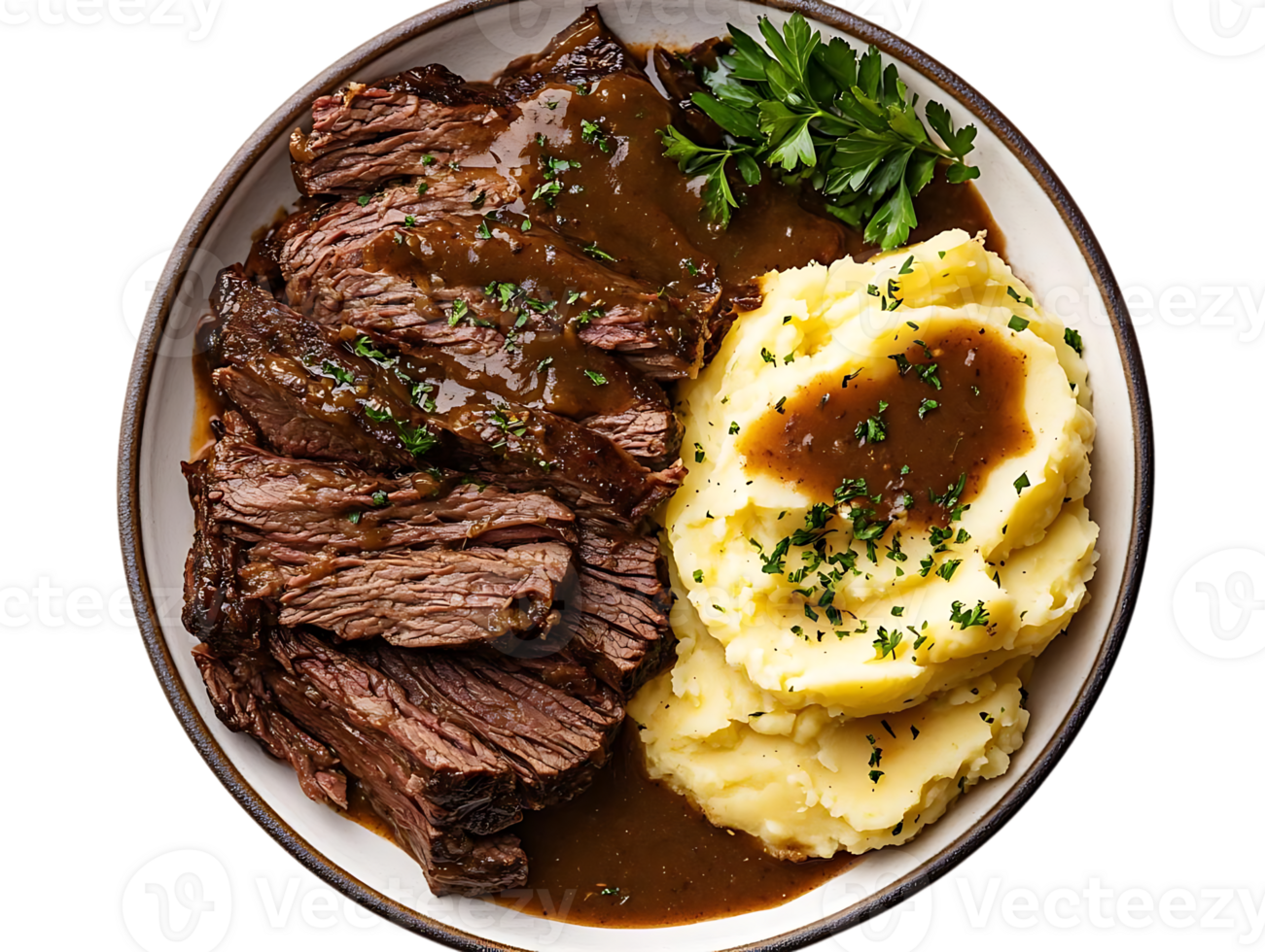 Sliced Pot Roast with Mashed Potatoes and Gravy on a White Plate, Transparent Background png