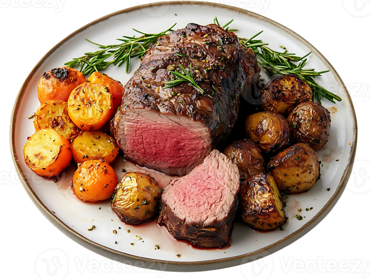 Roasted Beef Tenderloin with Rosemary and Potatoes, a Delicious Meal with Transparent Background png
