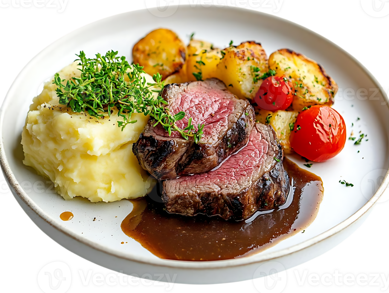 Seared Steak with Mashed Potatoes, Roasted Potatoes, and Tomatoes on a Transparent Background png