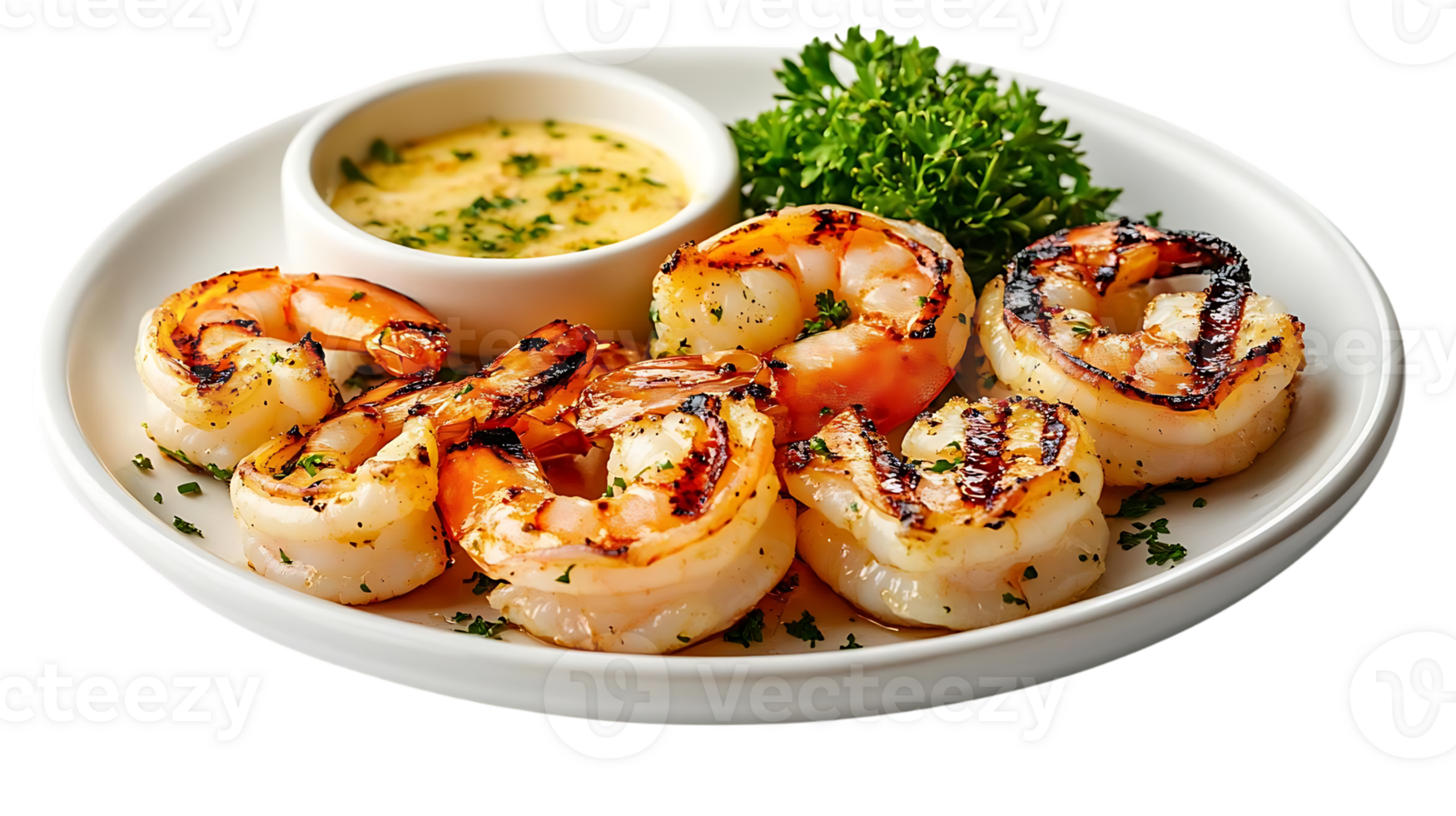Grilled Shrimp with Lemon Butter Sauce on a White Plate with Parsley Garnish and Transparent Background png