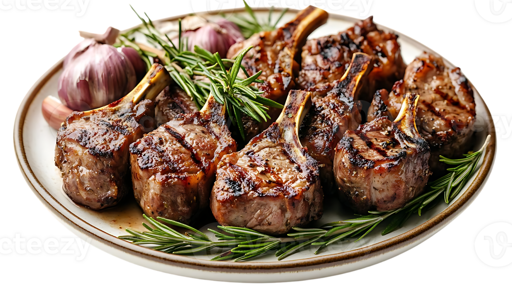 Grilled Lamb Chops with Rosemary and Garlic on a Plate with Transparent Background png