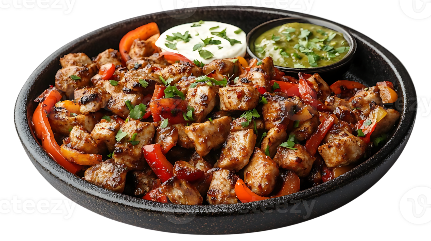 Grilled Chicken Fajita with Red Bell Peppers, Onion, and Cilantro, Served with Sour Cream and Salsa Verde, Perfect for a Delicious Meal. png