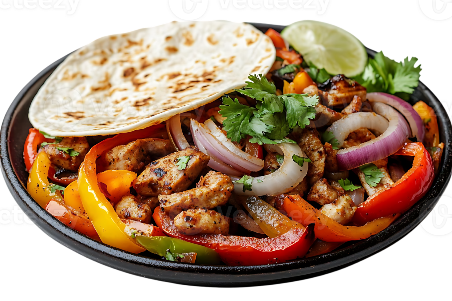Delicious Chicken Fajitas with Peppers, Onions, and Cilantro with a Warm Tortilla, Served on a Black Plate with a Transparent Background png