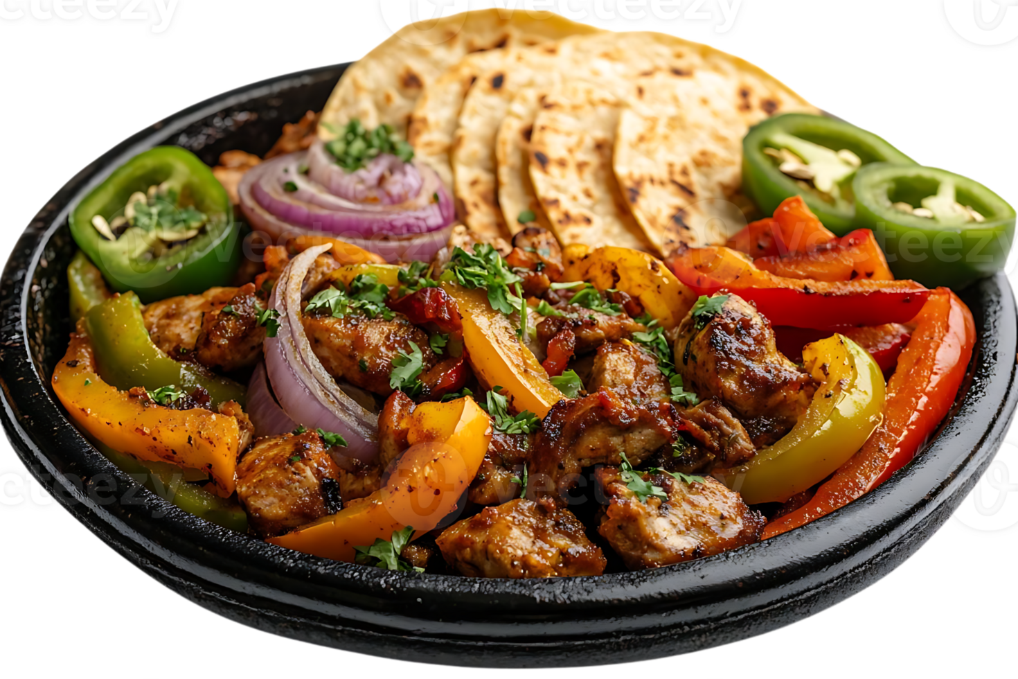 Savory Chicken Fajitas with Peppers, Onions, and Tortillas, a Delicious Mexican Meal with a Transparent Background png