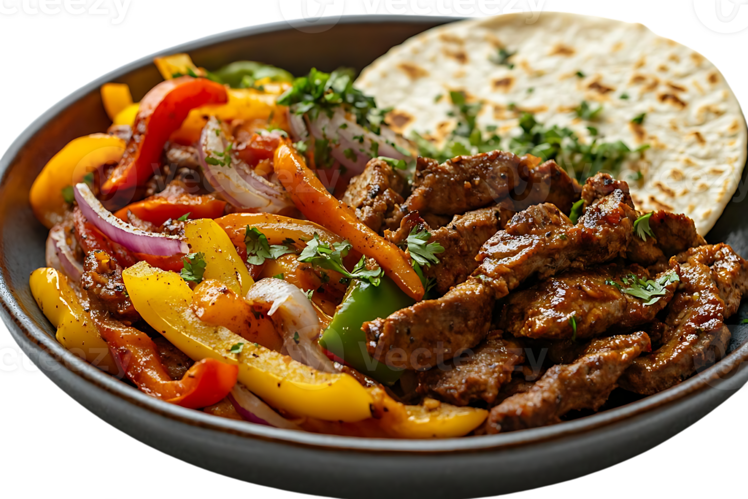Grilled Steak with Peppers, Onions, and Cilantro in a Bowl with a Tortilla, Transparent Background png