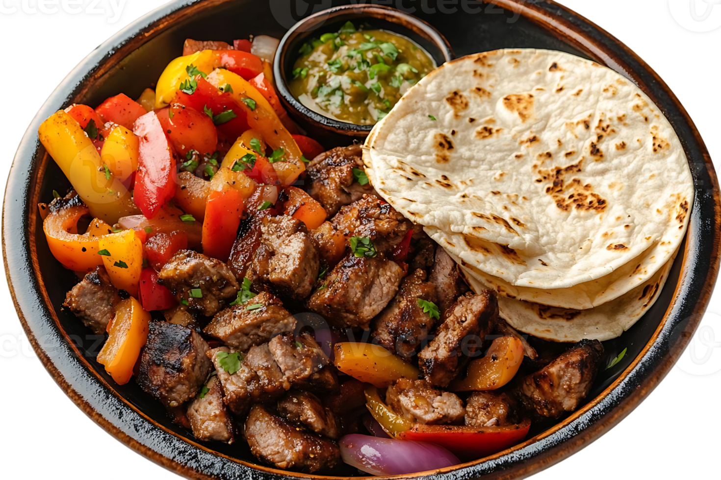 Grilled Steak Fajitas with Peppers, Onions, and Tortillas with a Side of Salsa Verde - Perfect for a Quick and Easy Meal png