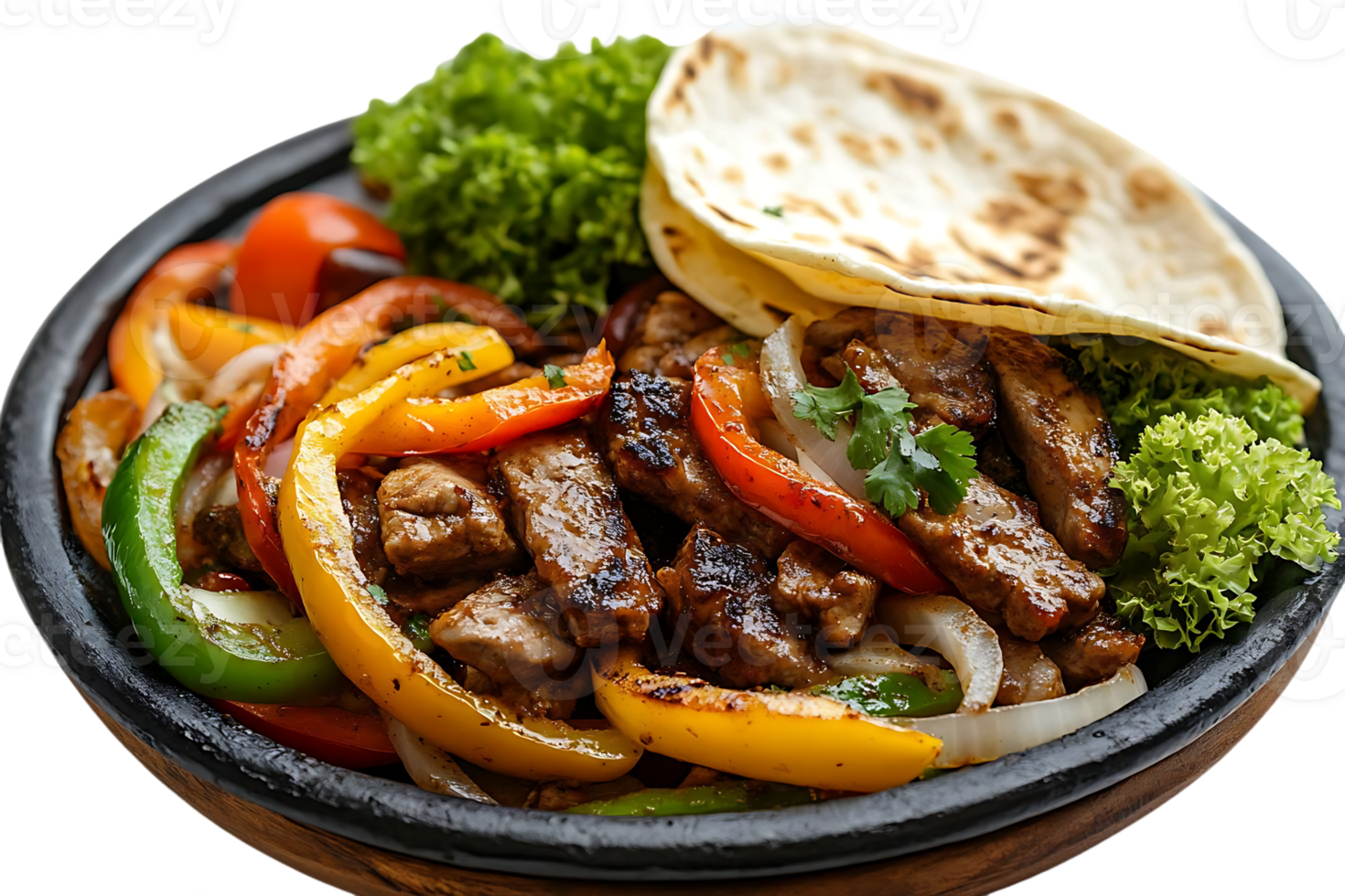 Delicious Steak Fajitas with Bell Peppers, Onions, and a Soft Tortilla, Served on a Black Plate with a Transparent Background png