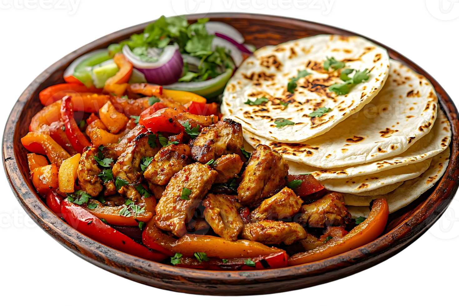 Delicious Chicken Fajitas with Peppers, Onions, and Tortillas on a Transparent Background png