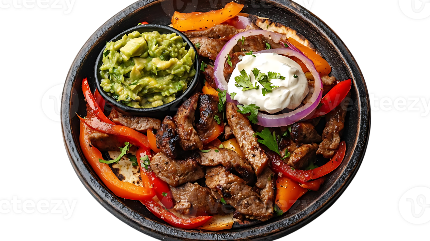 Delicious Steak Fajitas with Guacamole and Sour Cream, A Flavorful Fiesta in Every Bite, Transparent Background png
