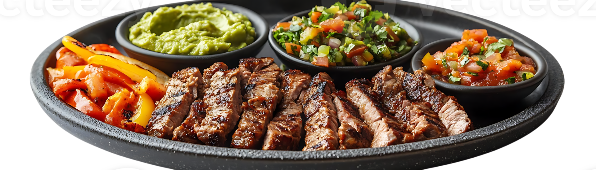 Grilled Steak with Guacamole, Salsa, and Peppers with a Transparent Background png
