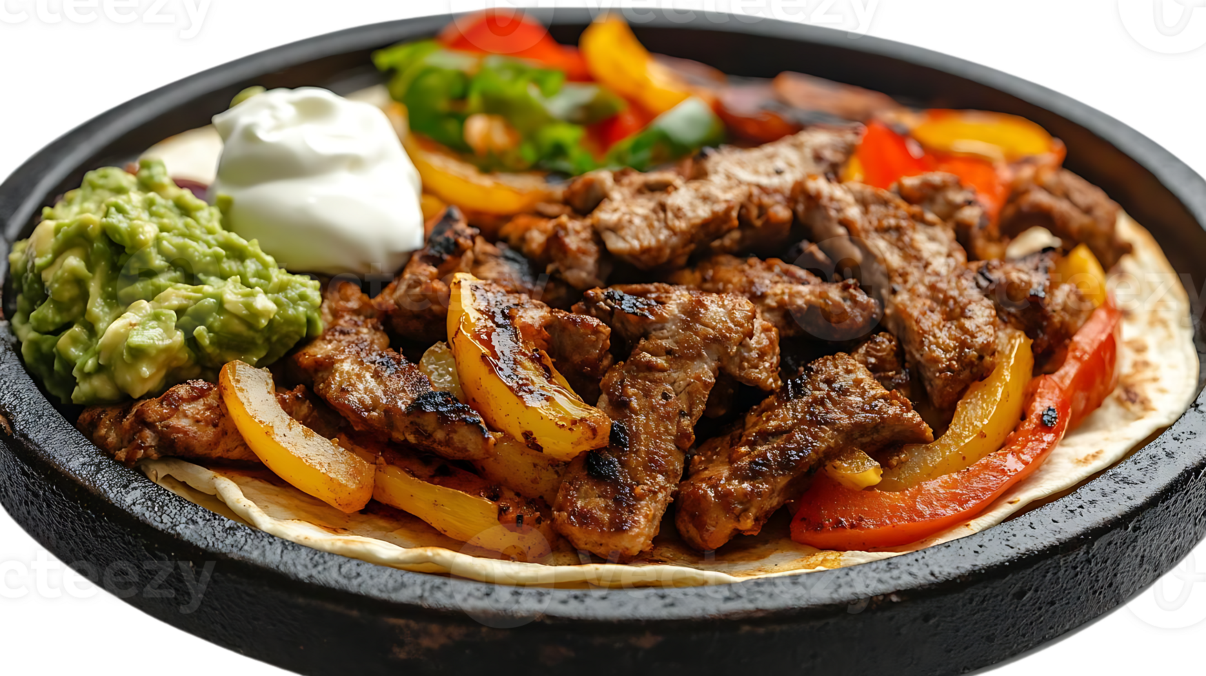 Grilled Steak Fajitas with Peppers, Onions, Guacamole and Sour Cream on a Tortilla, Transparent Background png
