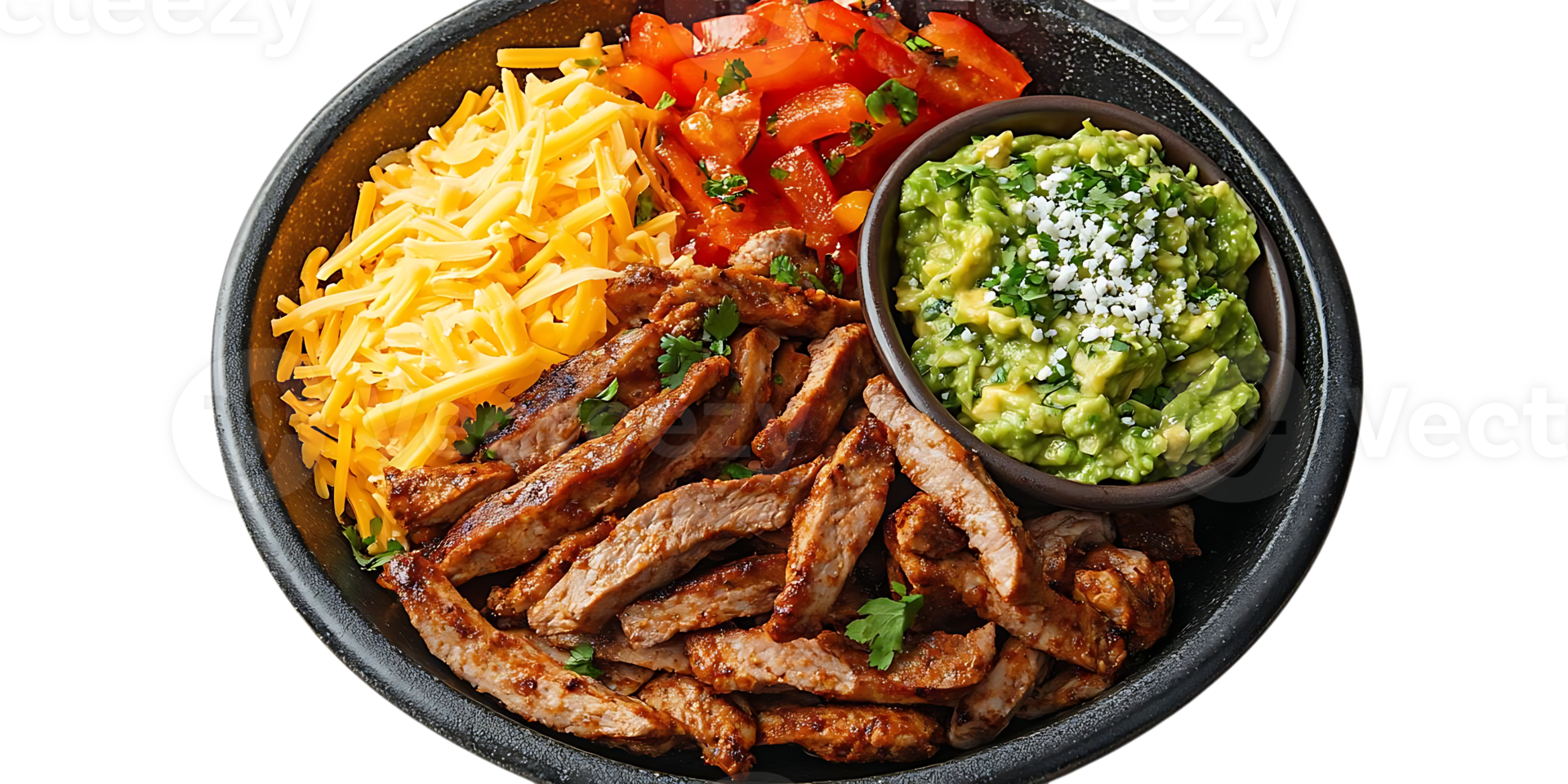 Grilled Steak, Shredded Cheese, Guacamole, and Peppers - Delicious Mexican Dish with a Transparent Background png