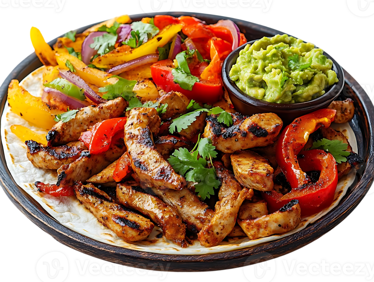 Grilled Chicken Fajitas with Peppers, Onions, and Guacamole on a Transparent Background png
