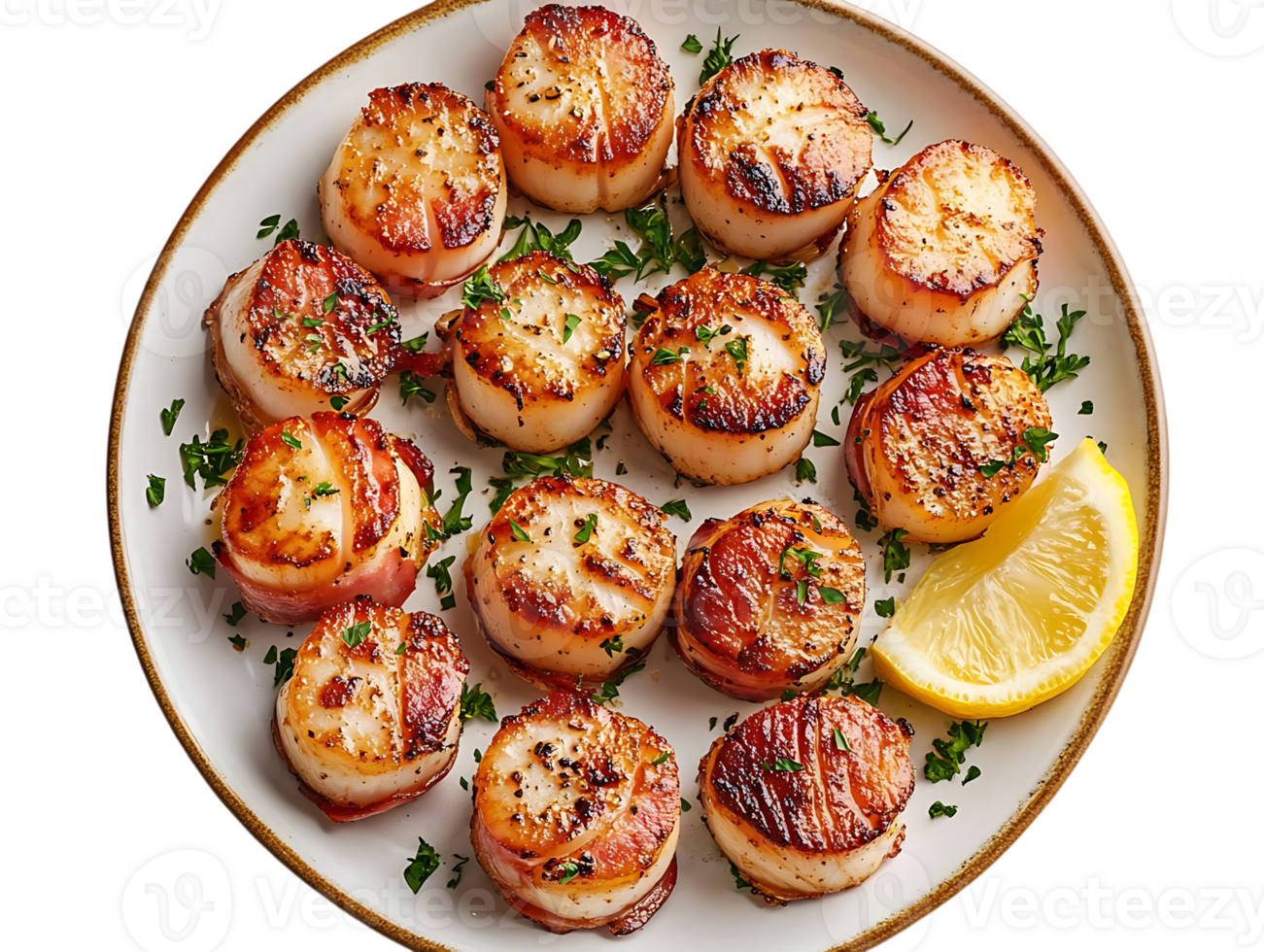 Seared Scallops Wrapped in Bacon with Lemon on a White Plate, Transparent Background png