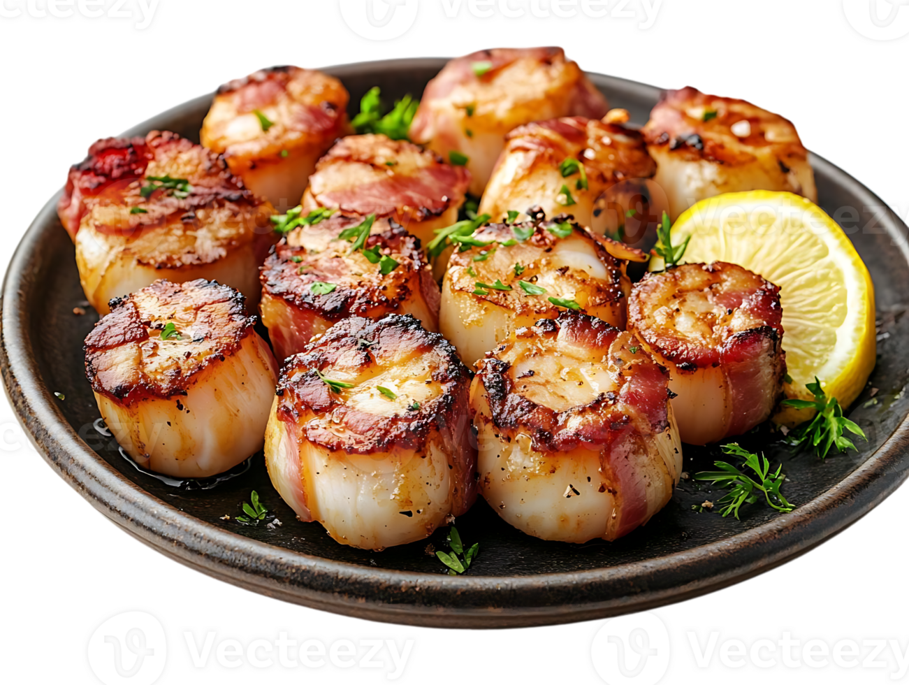Pan-Seared Bacon-Wrapped Scallops on a Plate with Lemon Wedge and Parsley, Delicious Gourmet Seafood Appetizer with a Transparent Background png