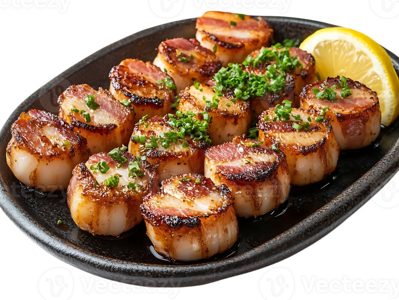 Seared Scallops Wrapped in Bacon with a Lemon Wedge and Chives on a Black Plate, Transparent Background png