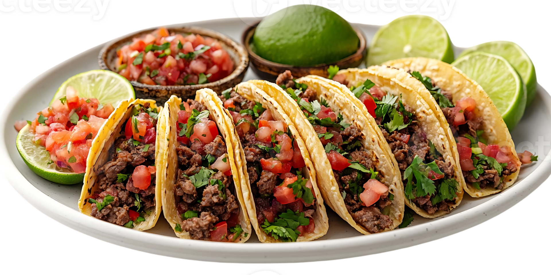 Delicious Ground Beef Tacos with Fresh Tomatoes, Cilantro, and Limes, Perfect for a Quick and Easy Meal, Transparent Background png